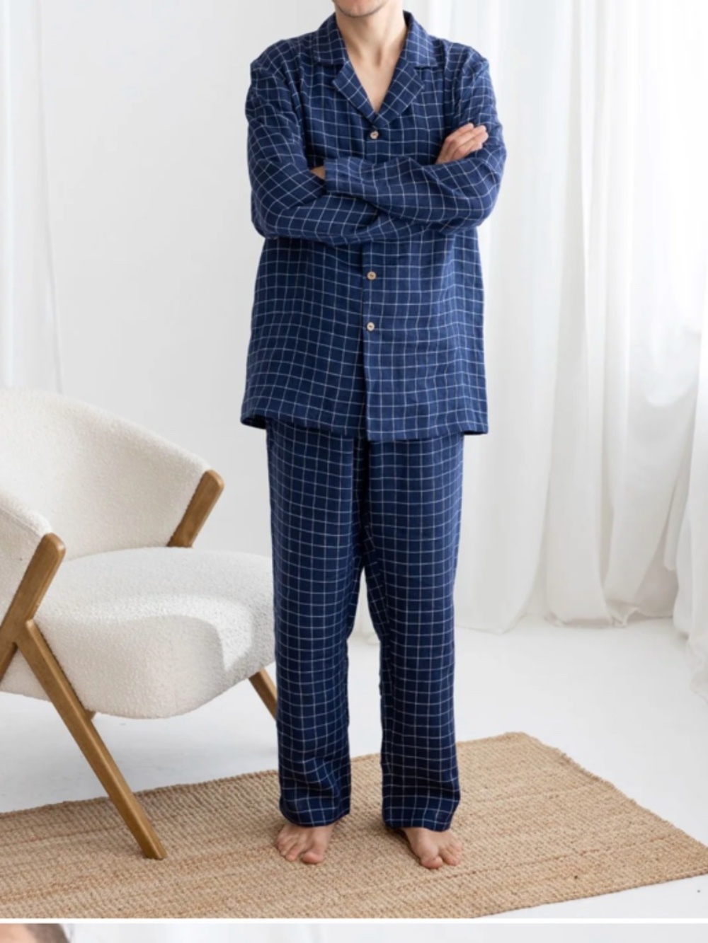 LAKE pajamas men's Small S flannel piped pants set navy windowpane